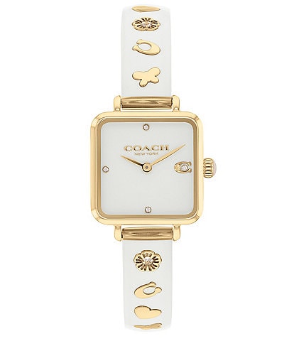 COACH Women's Cass Quartz Analog Chalk Resin with Crystal and Gold Tone Stainless Steel Square Bracelet Watch