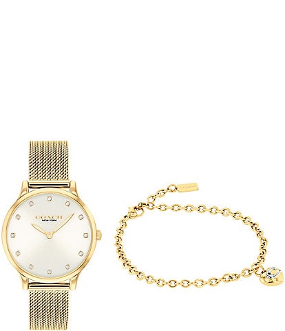 COACH Women's Chelsea Analog Crystal Gold Tone Stainless Steel Mesh Bracelet Watch Set