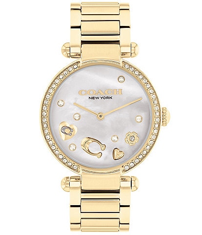 COACH Women's Crystal Cary Quartz Analog Gold Tone 34mm Stainless Steel Bracelet Watch