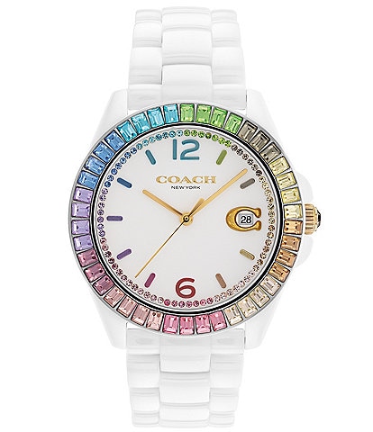 COACH Women's Greyson Rainbow Crystal Quartz Analog White Ceramic Bracelet Watch