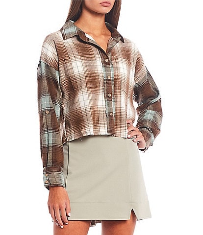 Coco + Jaimeson Button Front Cropped Mixed Plaid Flannel Shirt