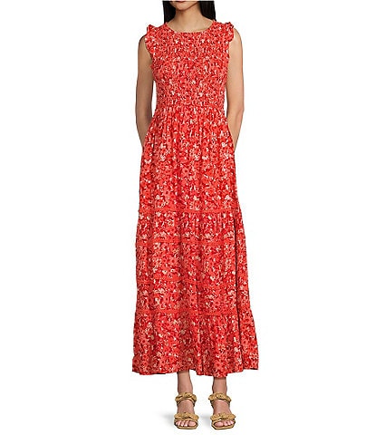 Coco + Jaimeson Printed Smocked Flutter Sleeve Tiered Maxi Dress