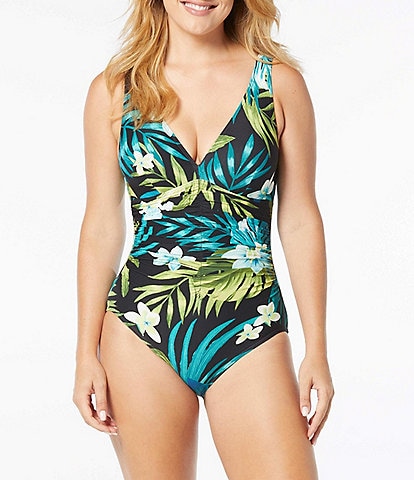 Coco Contours Solitaire Tropical Print V-Neck Underwire Bra Size One Piece Swimsuit