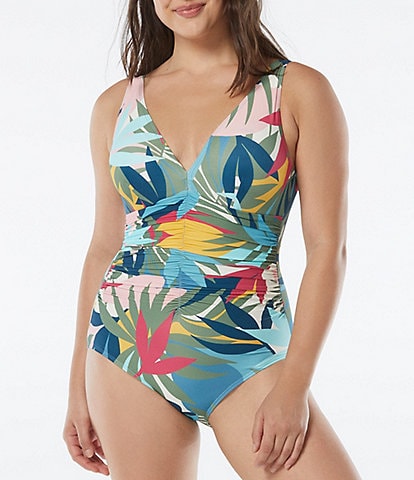 Coco Contours Solitaire Tropical Print V-Neck Underwire Bra Size Shaping One Piece Swimsuit