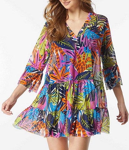 Coco Reef Eclectic Jungle Floral Tropical Print Mesh Bell Sleeve Swim Cover-Up Dress