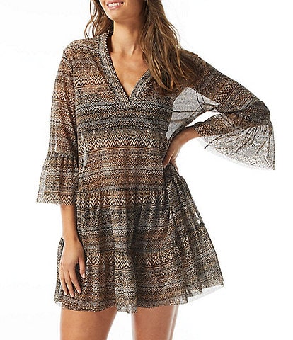 Coco Reef Ikat Stripe Enchant Tiered Babydoll Mesh Cover-Up Dress