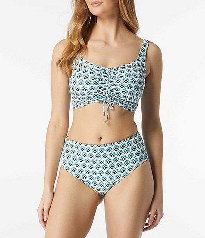 Coco Reef Island Lotus Print Underwire Bra Sized Shirred Bikini Swim Top & Verso High Waist Reversible Hipster Swim Bottom