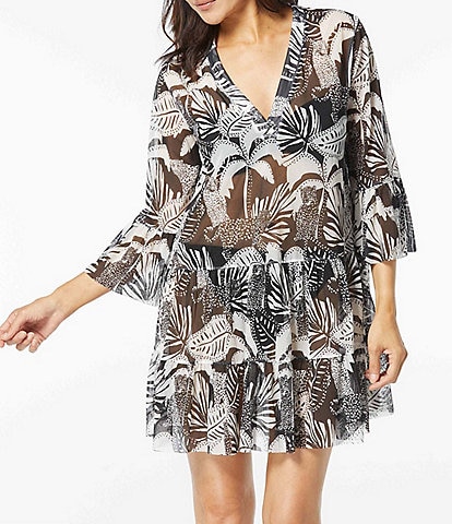 Coco Reef Midnight Jungle Floral Tropical Print Mesh Bell Sleeve Swim Cover-Up Dress
