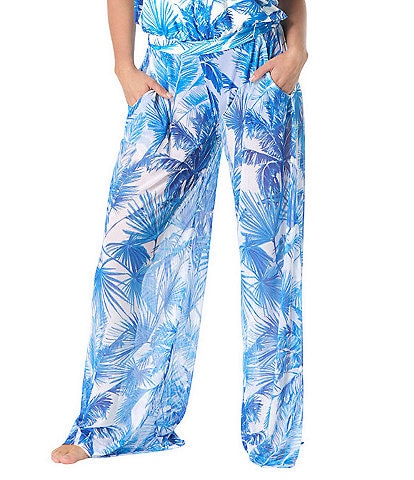 Coco Reef Palm Tree Paradise Wide Leg Mesh Pull-On Swim Cover-Up Pants