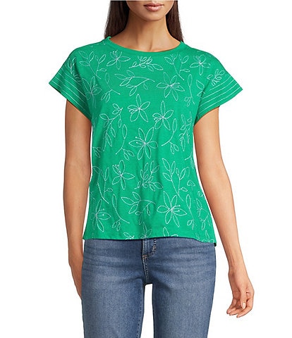 Code Bleu Crew Neck Short Sleeve Floral Embroidered Tee Shirt