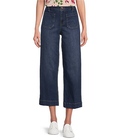 Code Bleu High Rise Wide Leg Patch Pocket Cropped Twill Jeans