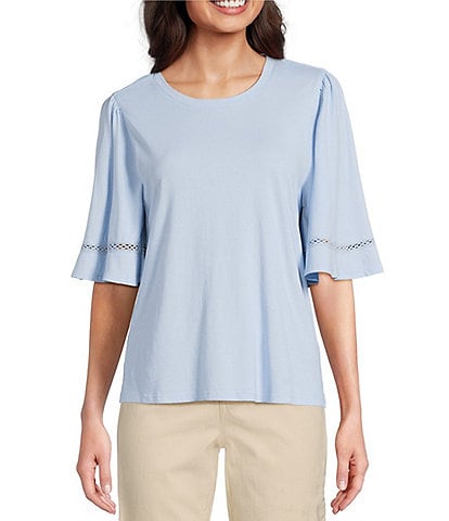 Code Bleu Knit Crew Neck Short Sleeve Crochet Trim Top