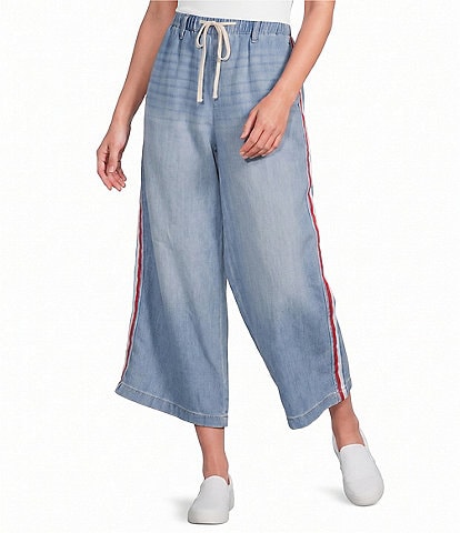 Code Bleu Petite Size Wide Leg Pull-On Crop Side Stripe Ankle Jeans