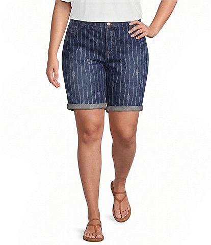 Code Bleu Plus Size Boho Mid Rise Laser Print Bermuda Denim Shorts