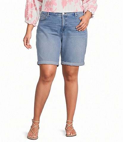 Code Bleu Plus Size Soho Mid Rise Double Button Rolled Cuff Denim Bermuda Shorts