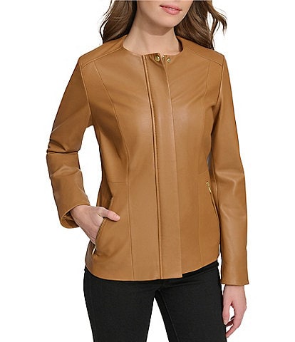 Cole Haan Collarless Full Zip Long Sleeve Leather Moto Jacket