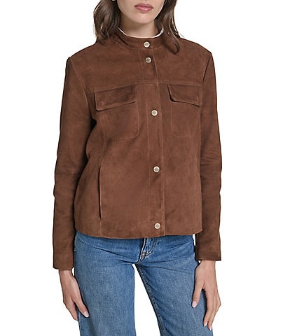 Cole Haan Goat Leather Stand Collar Snap Front Track Jacket