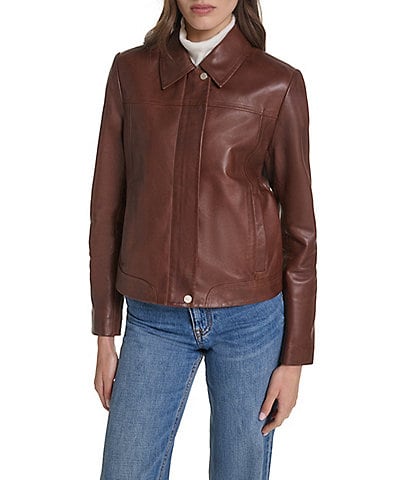 Cole Haan Lamb Leather Point Collar Hidden Snap Front Moto Jacket