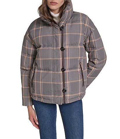 Cole Haan Quilt Plaid Print Stand Collar Down Zip Front Puffer