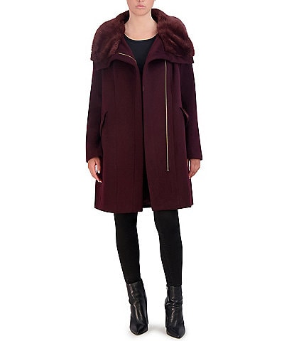 Cole Haan Signature Asymmetrical Front Zip Long Sleeve Wool Blend Faux Fur Coat
