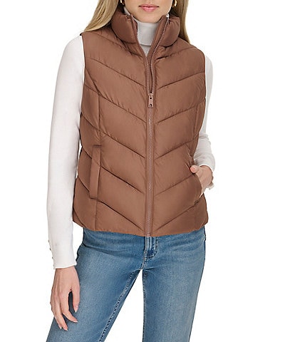 Cole Haan Signature Stand Collar Chevron Quilted Zip Puffer Vest