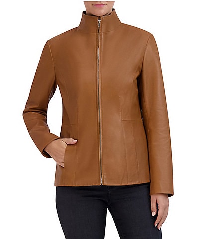 Cole Haan Single Breasted Wing Collar Long Sleeve Genuine Lambskin Leather Moto Jacket