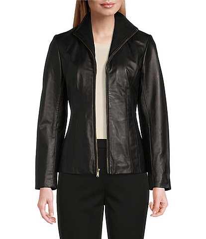 Cole Haan Single Breasted Wing Collar Long Sleeve Genuine Lambskin Leather Moto Jacket
