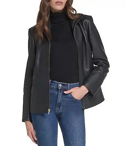 Cole Haan Single Breasted Wing Collar Long Sleeve Genuine Lambskin Leather Moto Jacket
