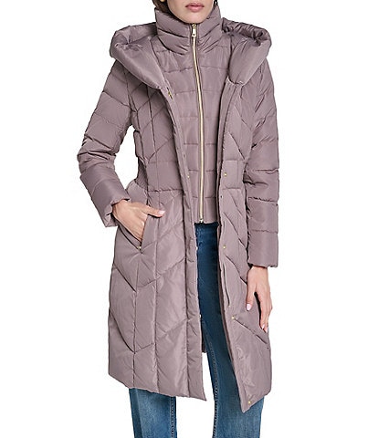 Cole Haan Taffeta Down Stand Collar Elastic Waist Inserts Snap Front Puffer