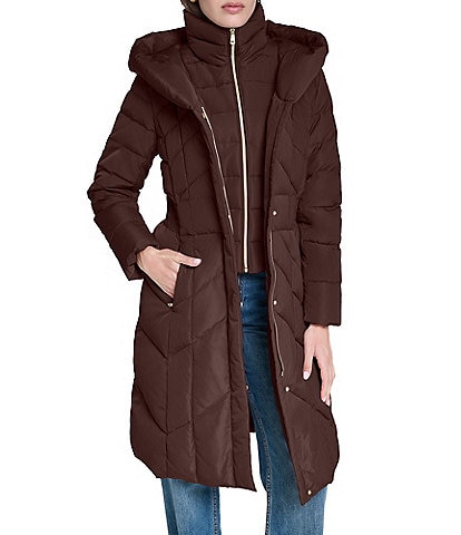 Cole Haan Taffeta Down Stand Collar Elastic Waist Inserts Snap Front Puffer