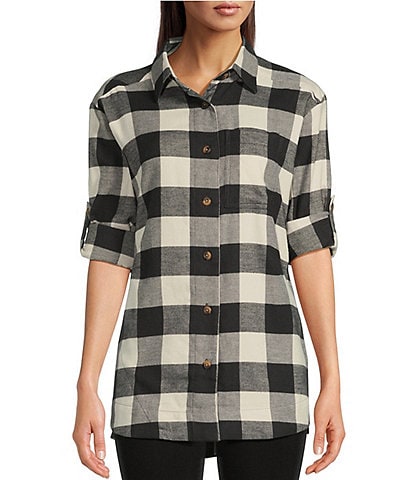Columbia Holly Hideaway™ Plaid Check Long Sleeve Roll Tab Flannel Top