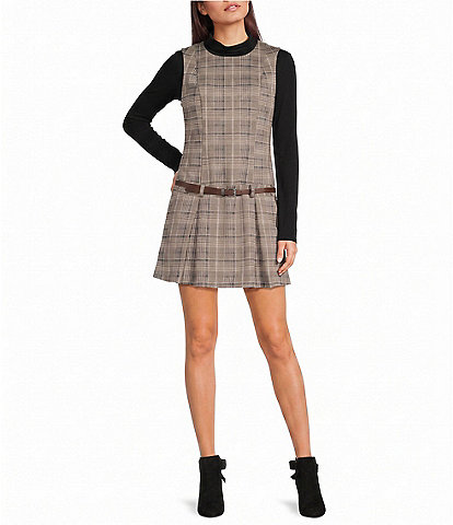 Copper Key Belted Plaid Drop Waist Mini Dress
