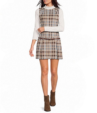 Copper Key Belted Plaid Drop Waist Mini Dress