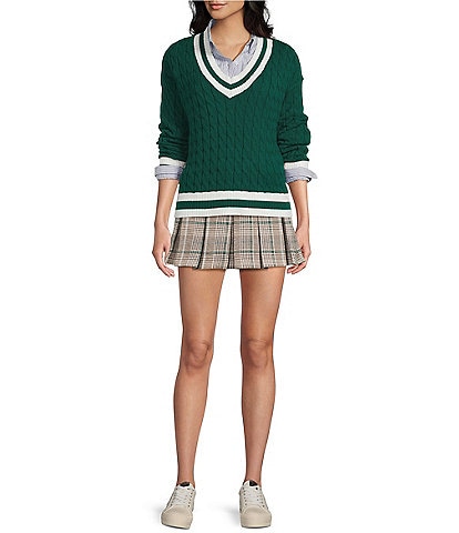 Copper Key Cable Knit V-Neck Pullover Sweater