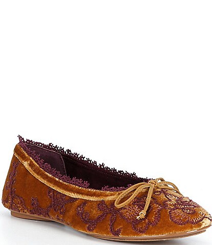 Copper Key Clara Velvet Bow Flower Embroidery Ballet Flats