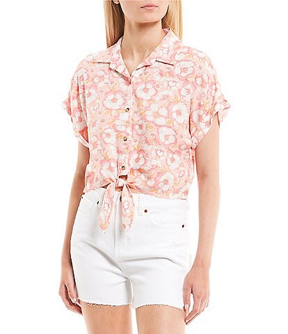 Copper Key Coordinating Floral Printed Button Front Tie Hem Camp Shirt