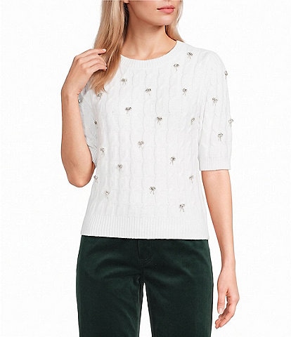 Copper Key Embellished Cable Knit Short Sleeve Sweater