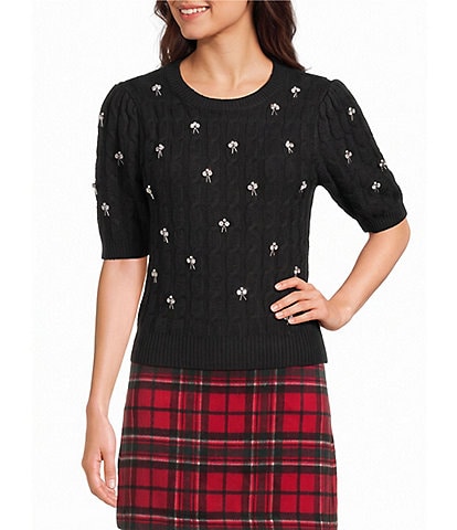 Copper Key Embellished Cable Knit Short Sleeve Sweater