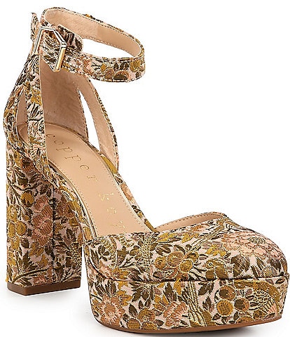 Copper Key Emirie Jacquard Floral Printed Ankle Strap Platform Pumps