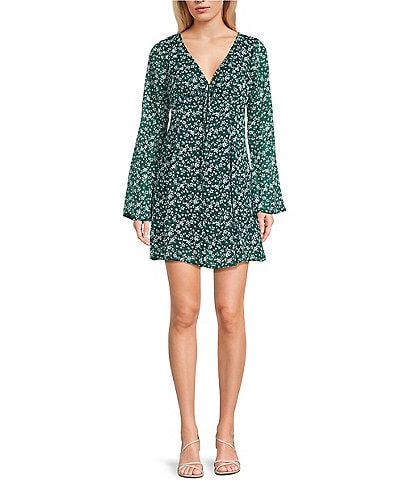 Copper Key Floral V Neck Chiffon Dress