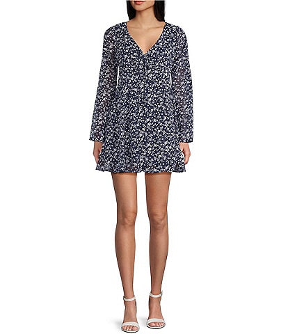 Copper Key Floral V Neck Chiffon Dress