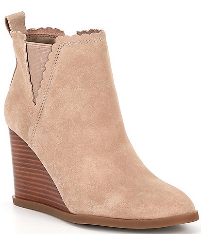 Copper Key Lacey Suede Scalloped Edge Wedge Booties