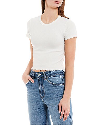 Copper Key Lettuce Edge Ribbed Knit Short Sleeve Cropped Top