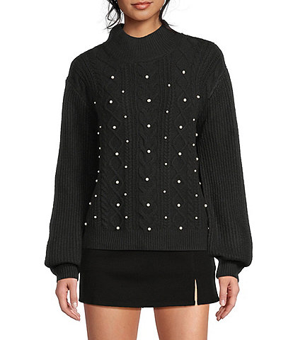 Copper Key Mock Neck Pearl Embellished Sweater