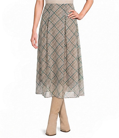 Copper Key Plaid Pleated Midi Skirt