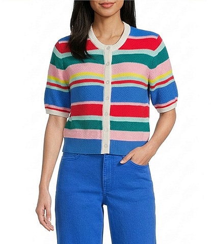 Copper Key Short Sleeve Button Front Striped Cardigan