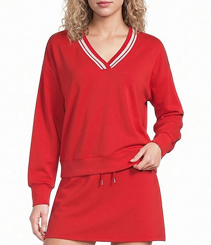 Copper Key V-Neck Varsity Inspired Contrast Trim Long Sleeve Top