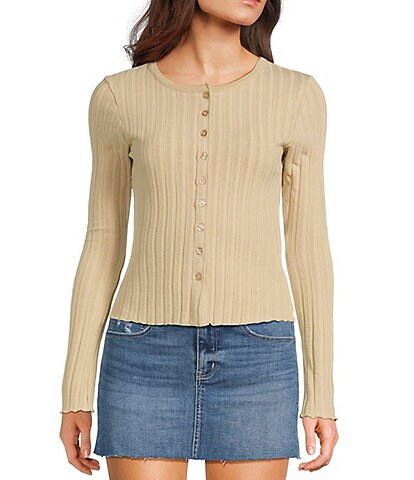 Copper Key Wide Ribbed Knit Button Front Top
