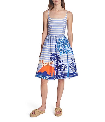 COREY LYNN CALTER Adeline Scenic Print Linen Blend Square Neck Sleeveless Fit-And-Flare Dress