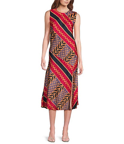 COREY LYNN CALTER Beatriz Woven Geo Ikat Print Round Neck Sleeveless Midi Shift Dress